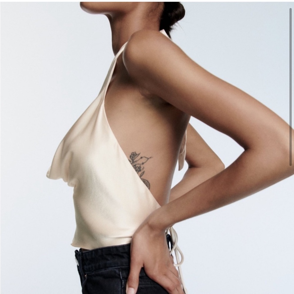 Zara Satin Cream Backless Deep Dive Tie Crop Top Size Medium - Picture 2 of 8